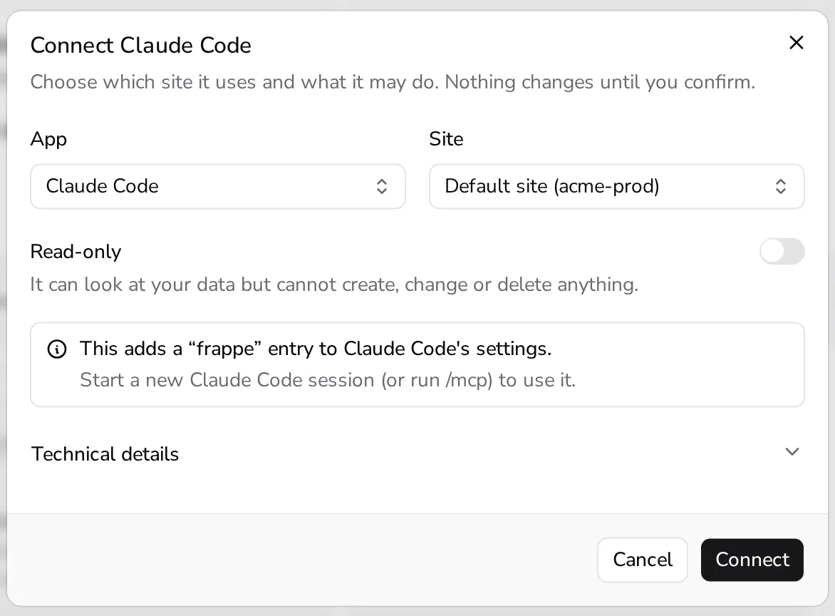 La fenêtre de connexion de Claude Code : choix du site, lecture seule en option, et un rappel que rien ne change avant votre confirmation.